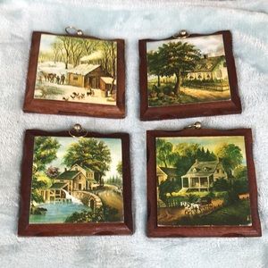 Vintage 1970s Currier & Ives rustic wall plaques in original box.